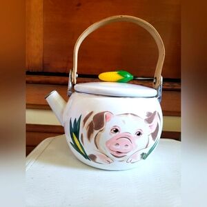 Vintage Porcelain Enamel Metal Pig Farm Design Teapot with Corn Cob Handle